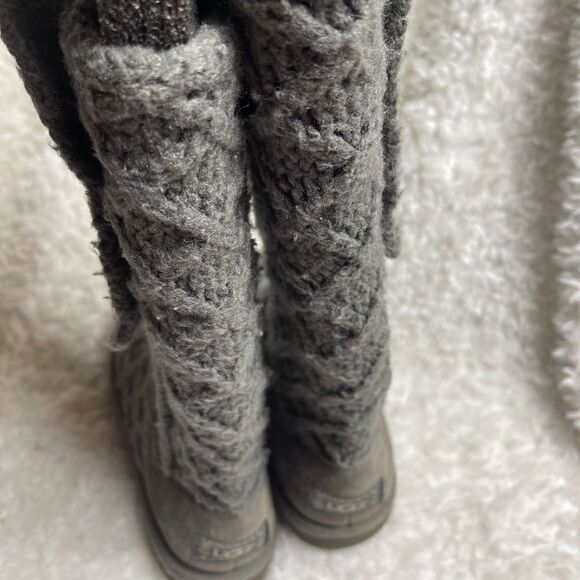 UGG AUSTRALIA Lattice Cardy Genuine Sheepskin Knit Tall Gray Boots big girl SZ4 - Picture 5 of 12